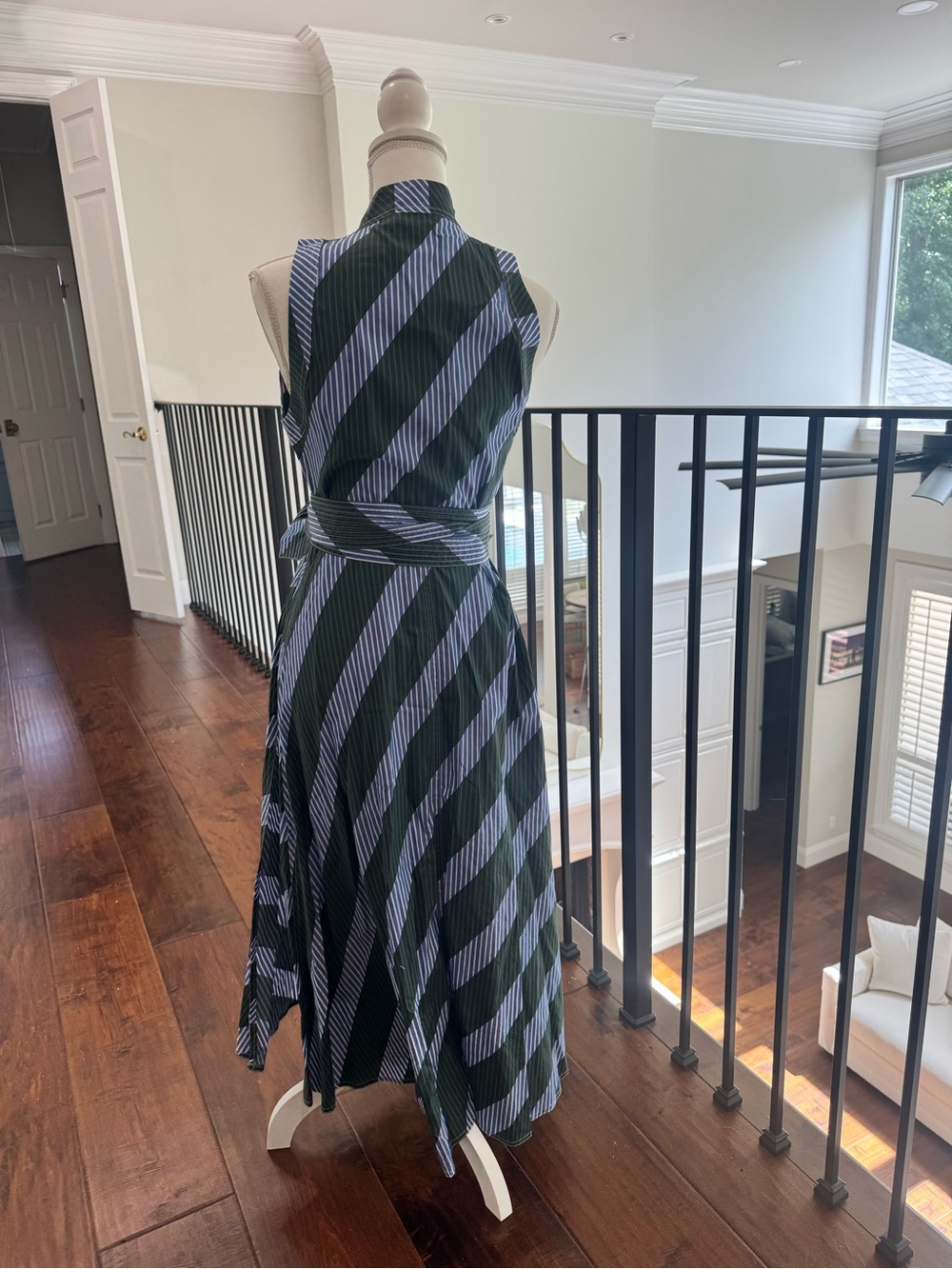 Tory Burch Striped Wrap Dress in Dark Green and Light Blue - Picture 3 of 7